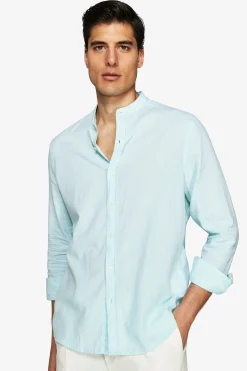 Mint linen blend mandarin collar shirt