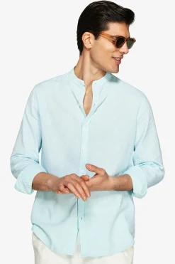 Mint linen blend mandarin collar shirt