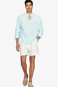 Mint linen blend mandarin collar shirt