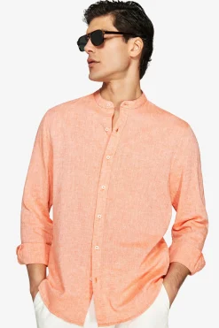 Orange linen blend mandarin collar shirt