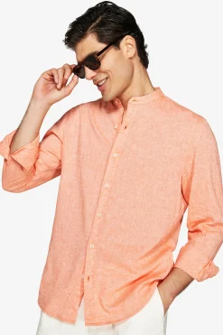Orange linen blend mandarin collar shirt
