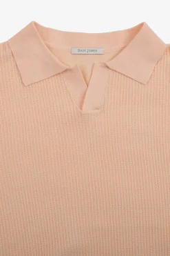 Peach textured knit open collar polo shirt
