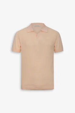 Peach textured knit open collar polo shirt