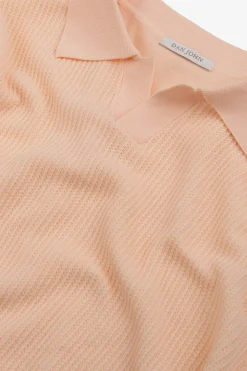 Peach textured knit open collar polo shirt