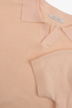 Peach textured knit open collar polo shirt