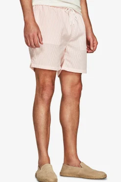 Pink striped seersucker swim trunks