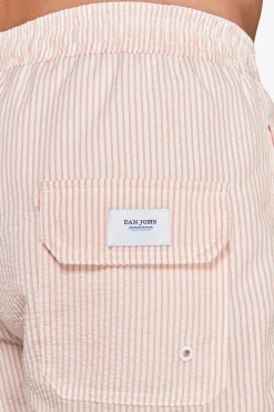 Pink striped seersucker swim trunks