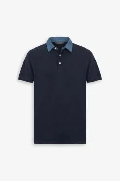 Piquet Textured Polo Shirt With Denim Collar
