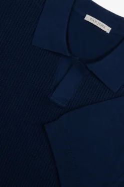 Royal blue open collar woven knit polo shirt