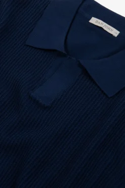 Royal blue open collar woven knit polo shirt