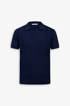 Royal blue open collar woven knit polo shirt