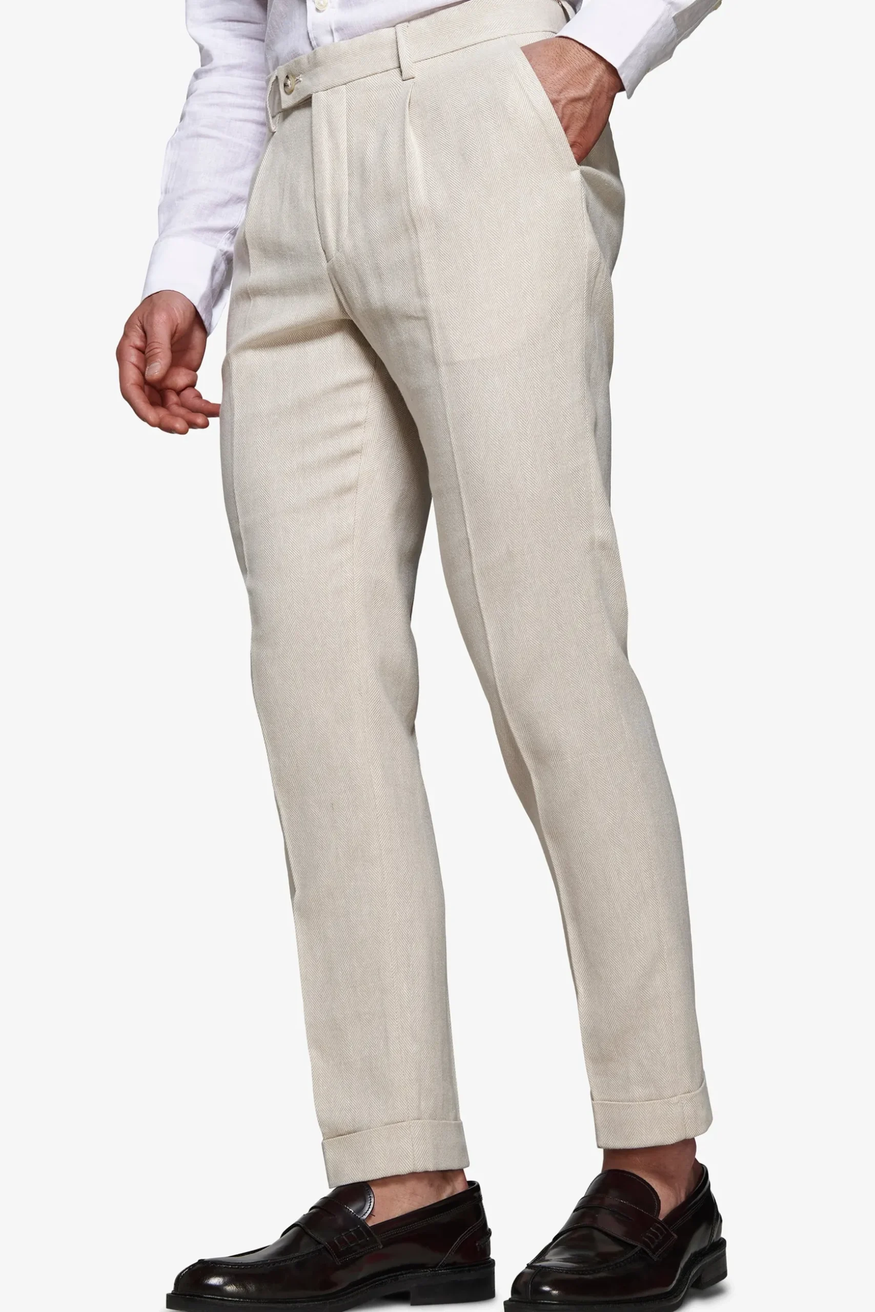 Sand linen blend Herringbone trousers