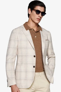 Sand linen blend overcheck blazer