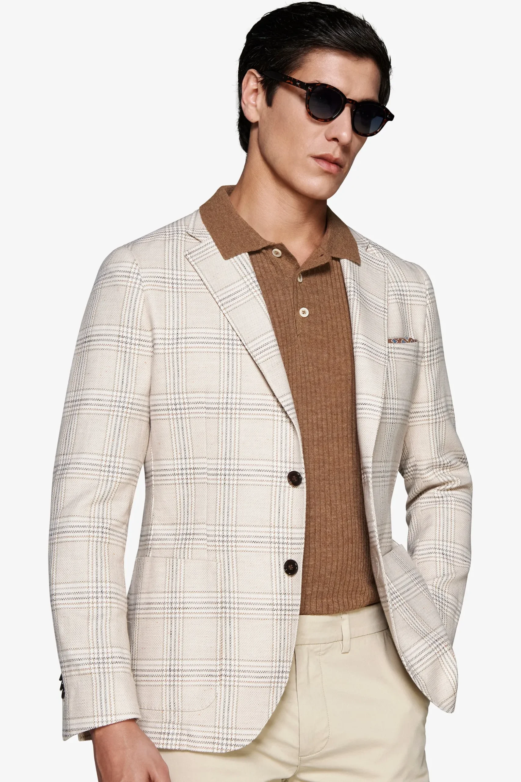 Sand linen blend overcheck blazer