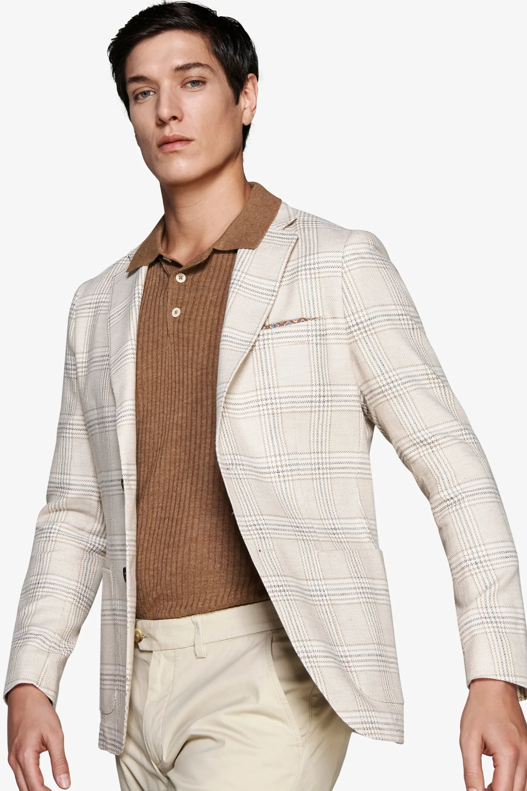 Sand linen blend overcheck blazer