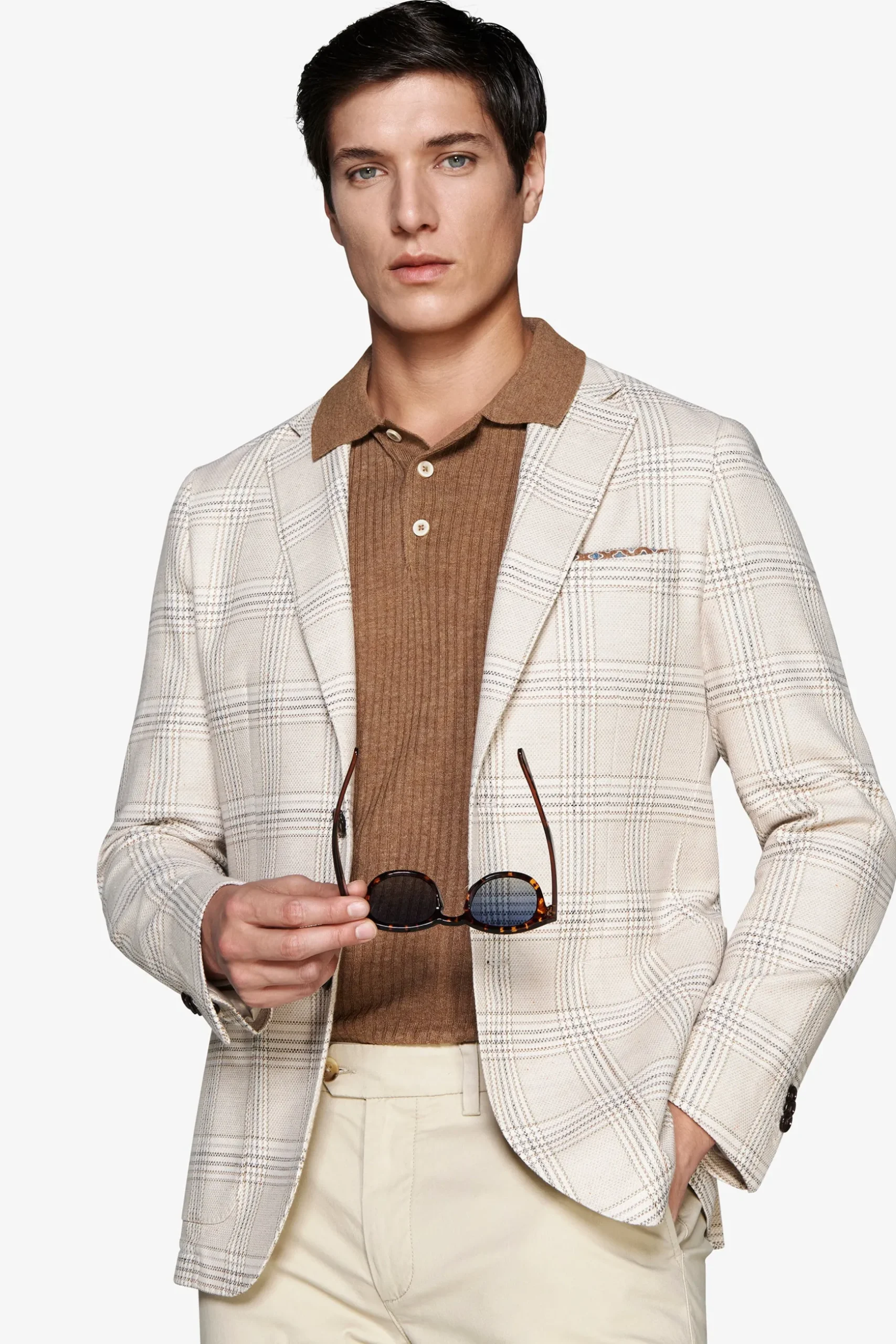 Sand linen blend overcheck blazer