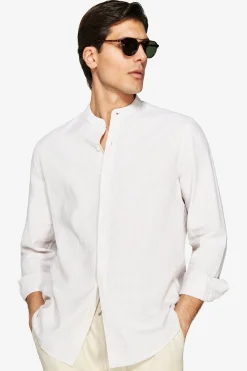 Sand linen blend striped mandarin collar shirt