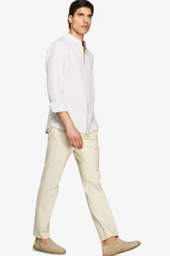 Sand linen blend striped mandarin collar shirt