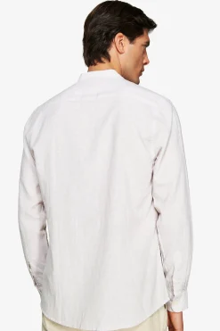 Sand linen blend striped mandarin collar shirt