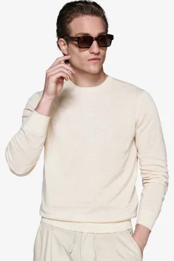 Sand melange textured crewneck sweater