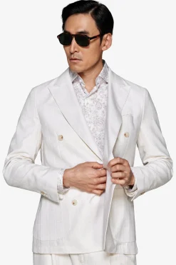 Sand pinstriped double-breasted blazer