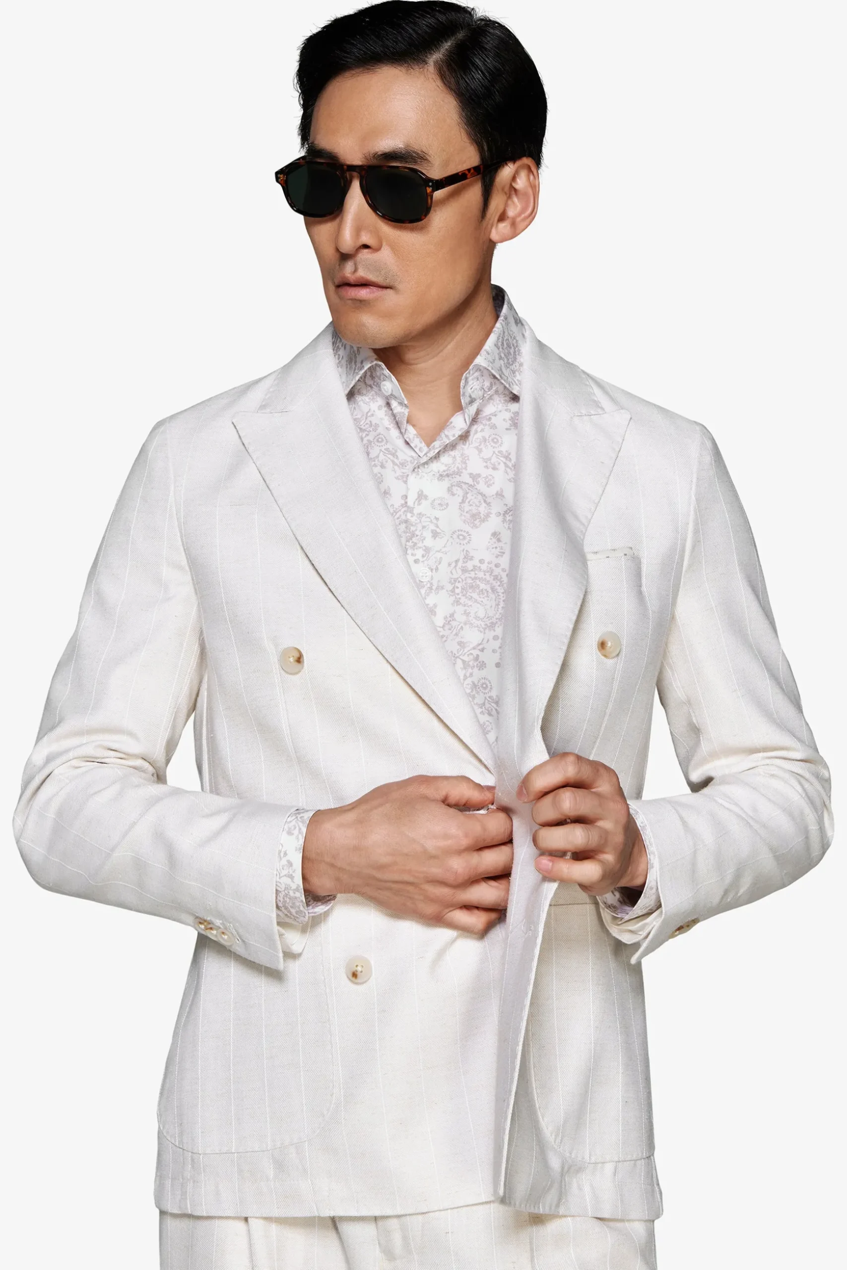 Sand pinstriped double-breasted blazer