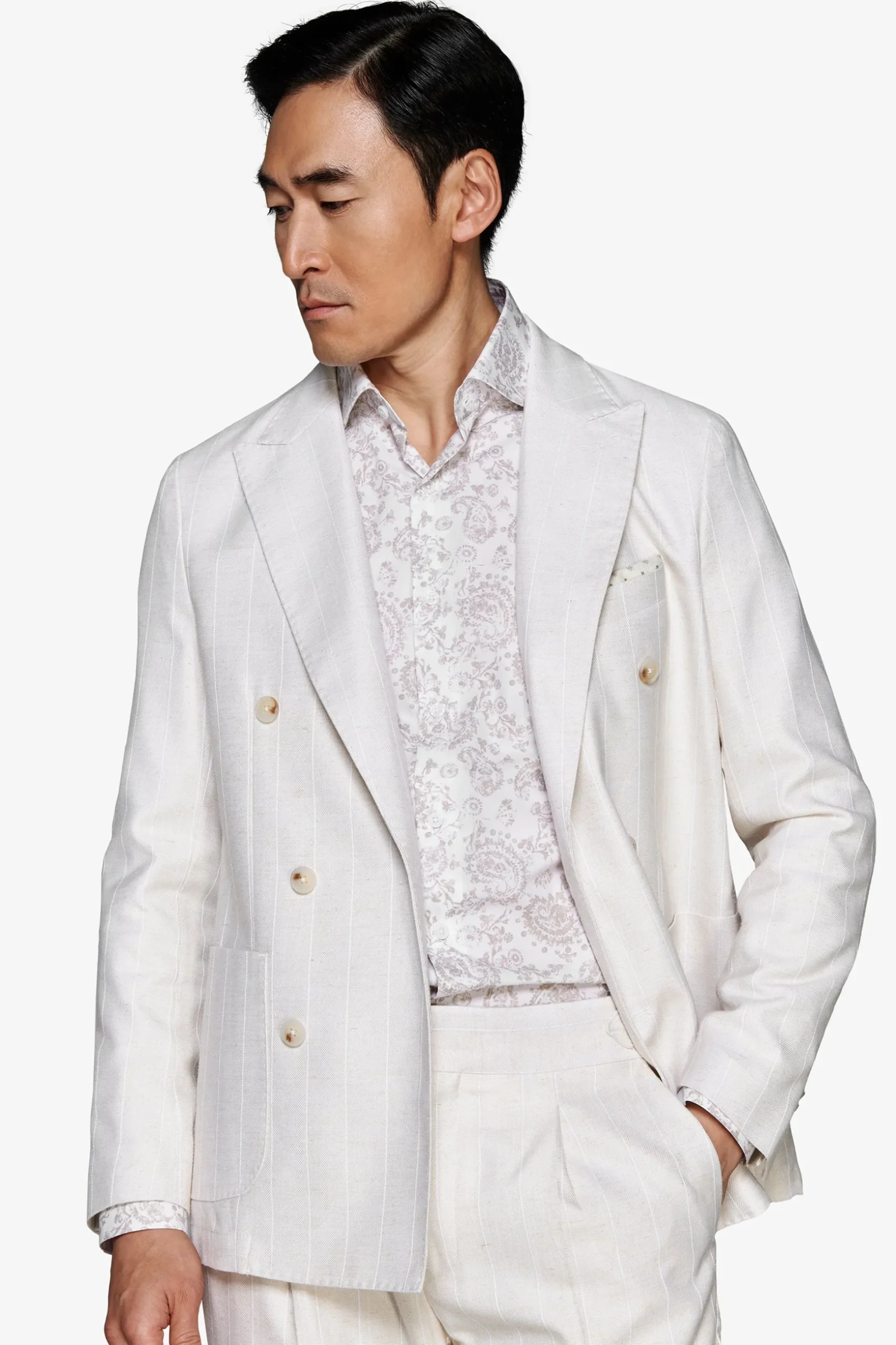 Sand pinstriped double-breasted blazer