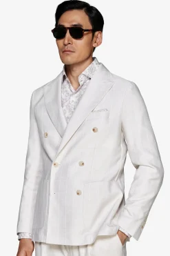 Sand pinstriped double-breasted blazer