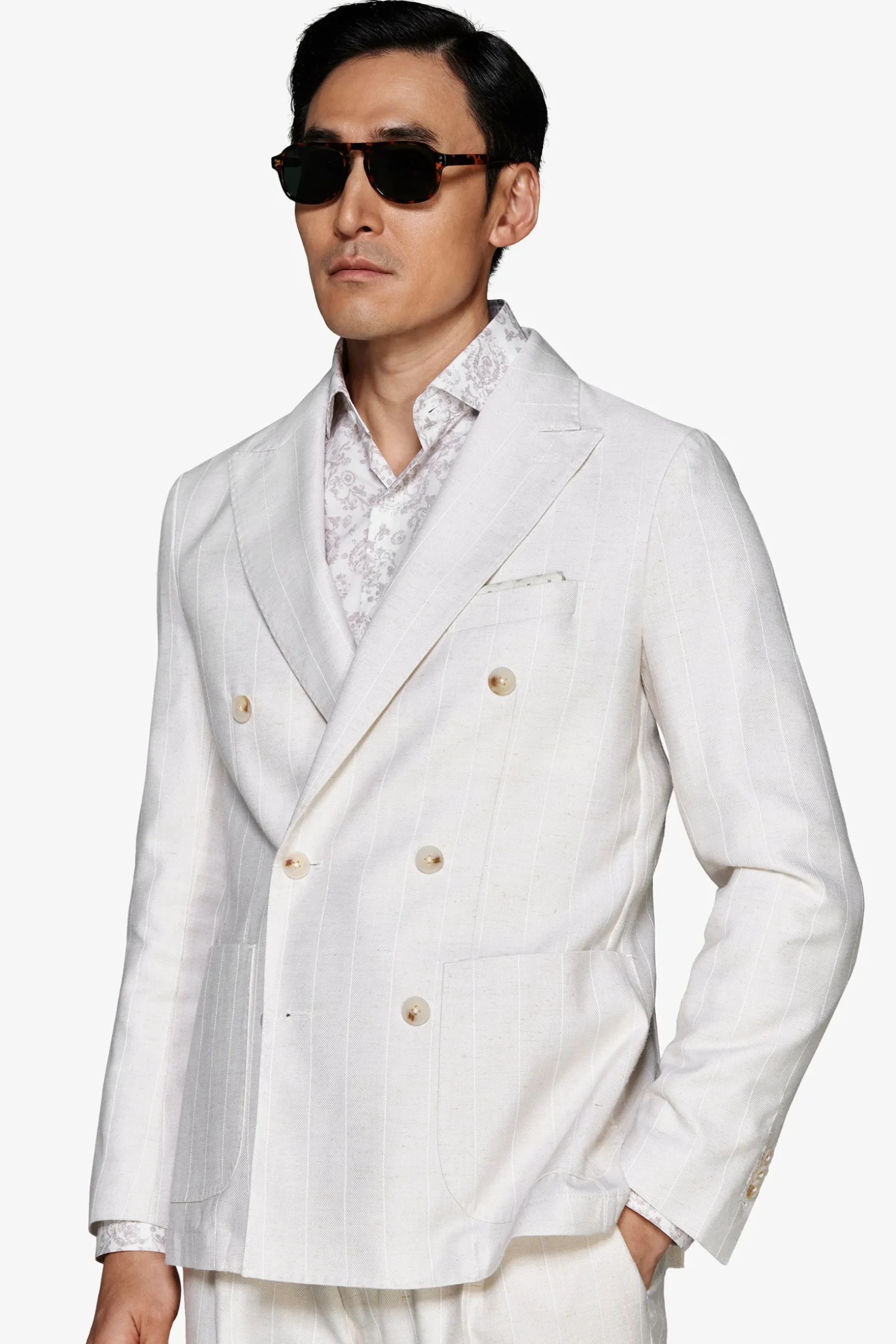 Sand pinstriped double-breasted blazer
