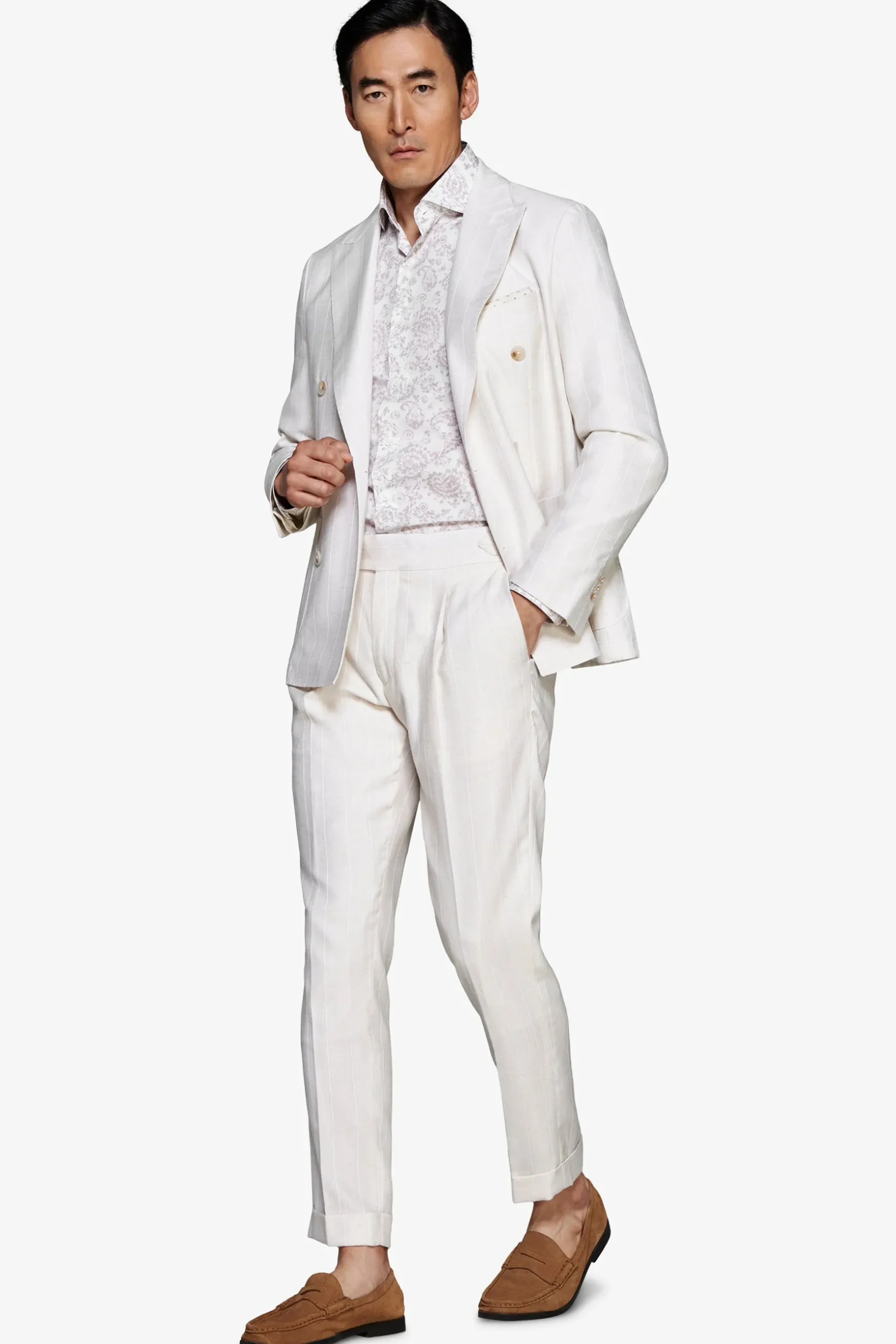 Sand pinstriped double-breasted blazer