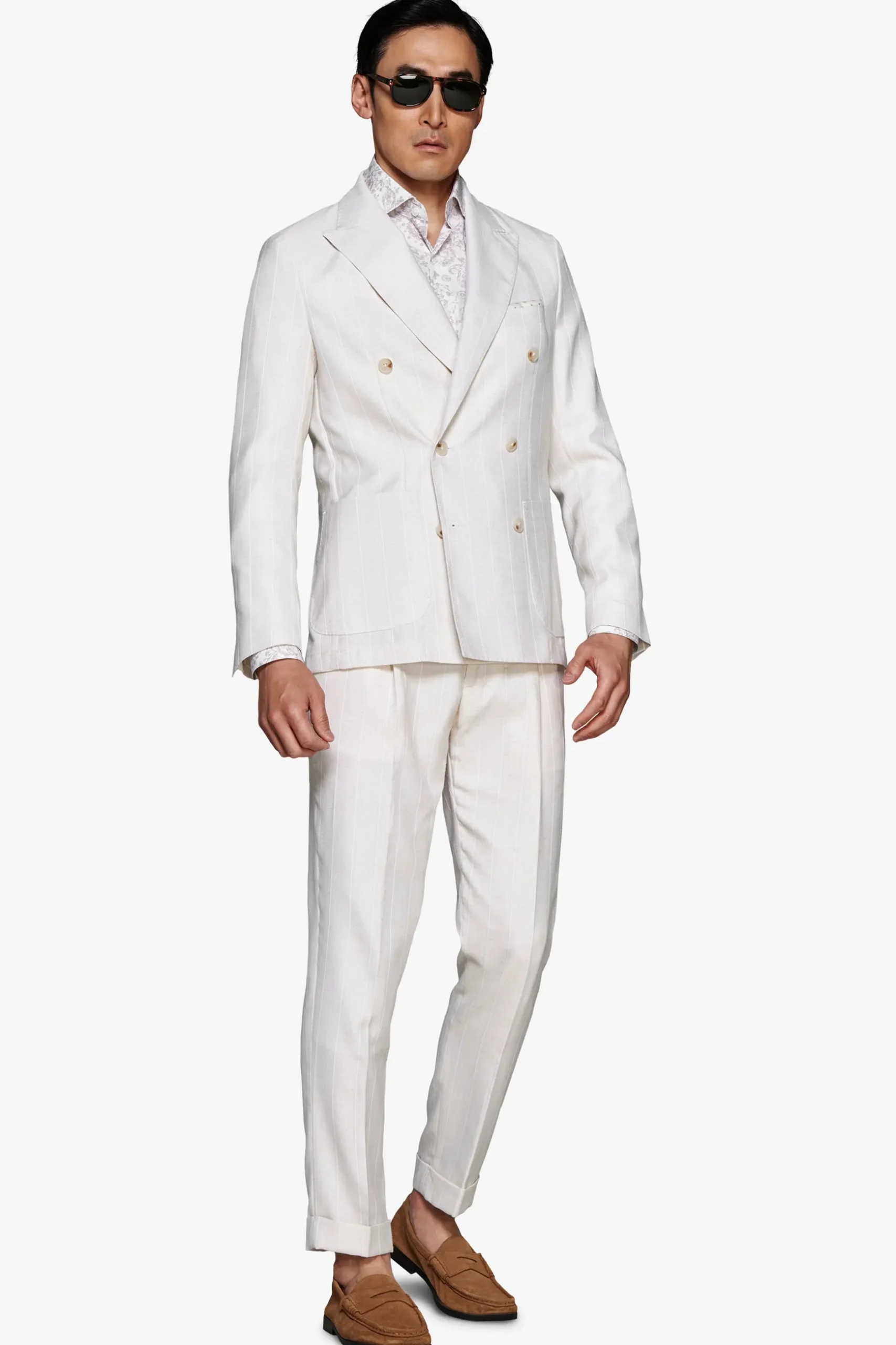 Sand pinstriped double-breasted blazer