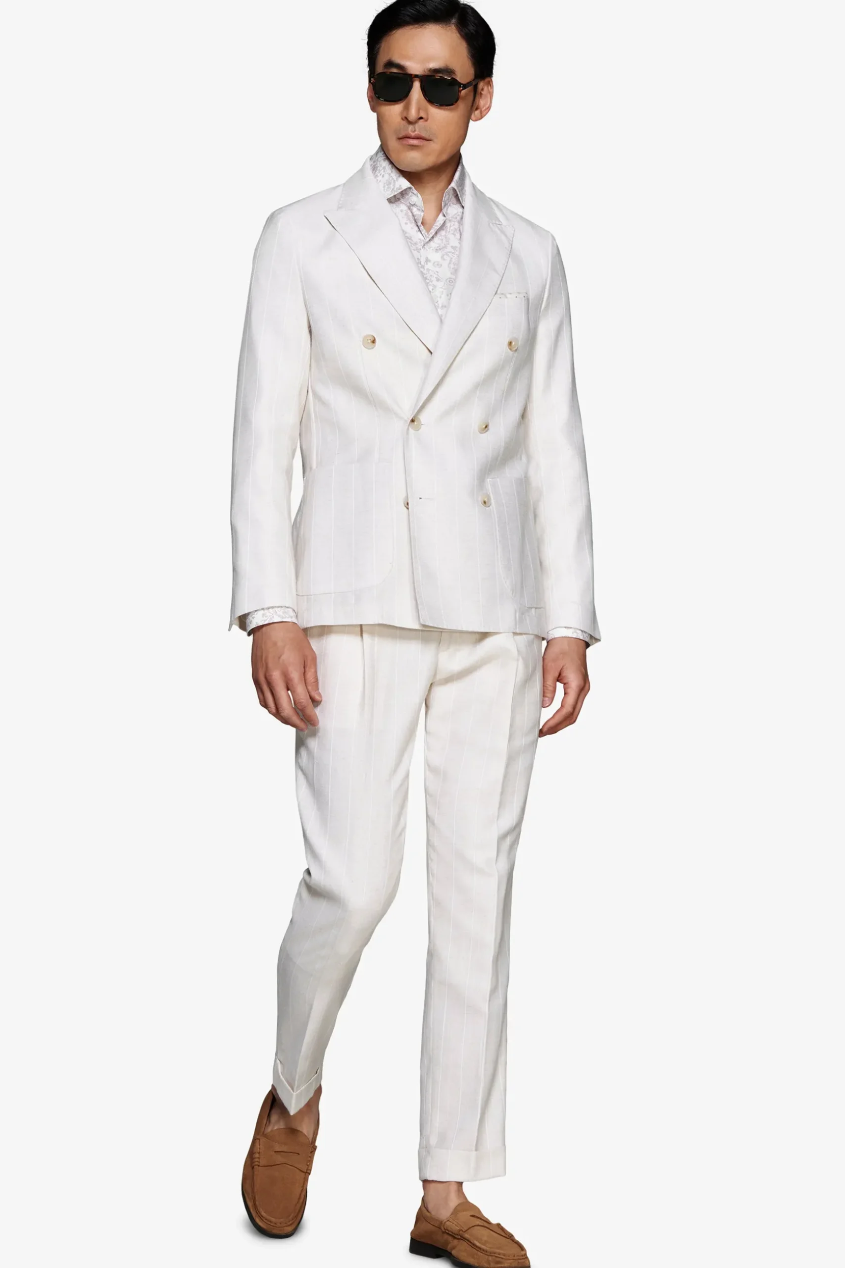 Sand pinstriped double-breasted blazer
