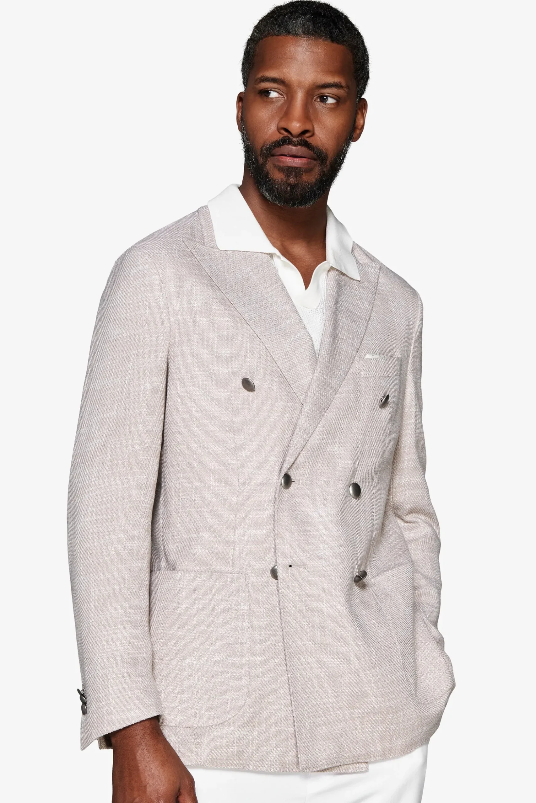 Sand structured double-breasted blazer
