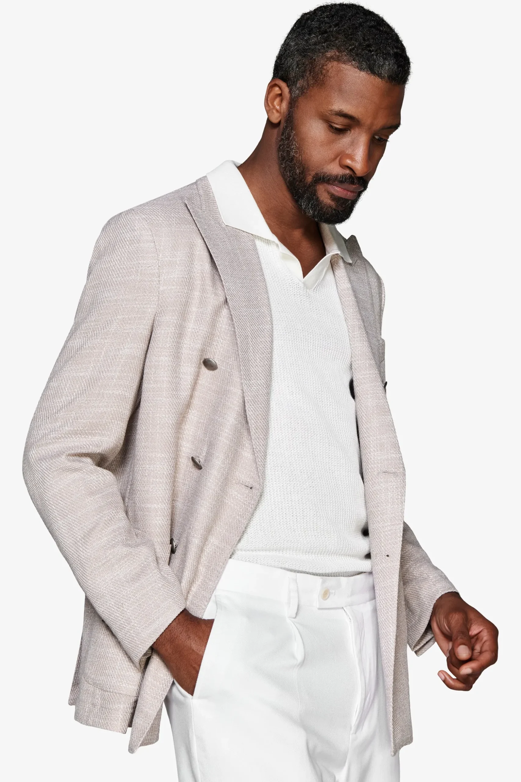 Sand structured double-breasted blazer