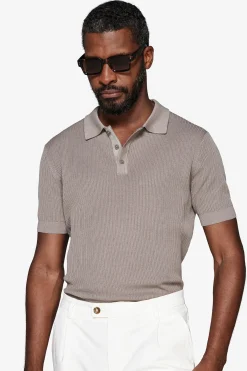 Taupe double-rib knit polo shirt