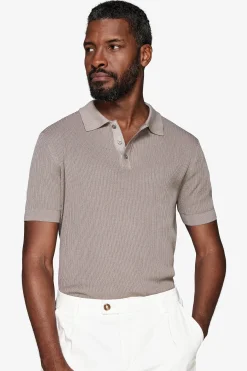 Taupe double-rib knit polo shirt
