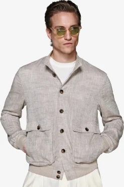 Taupe linen blend bomber jacket