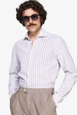 Taupe linen blend striped shirt
