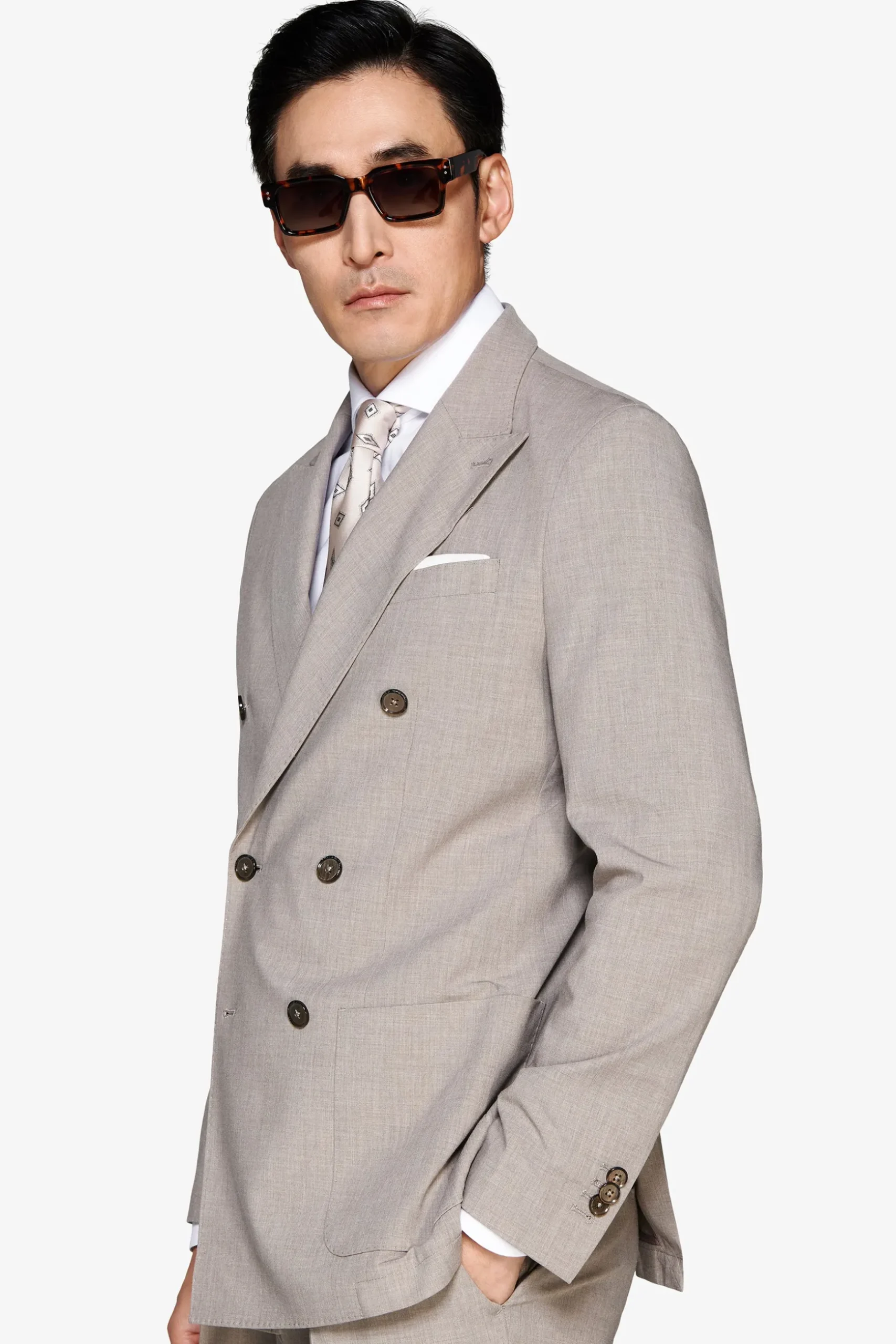 Taupe melange double-breasted canvas blazer