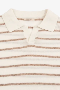 Taupe melange striped knit polo shirt