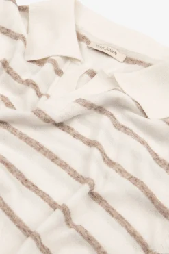 Taupe melange striped knit polo shirt