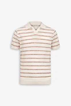 Taupe melange striped knit polo shirt
