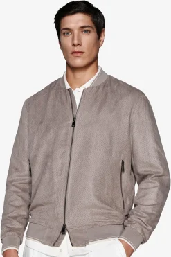 Taupe perforated ecosuede bomber jacket