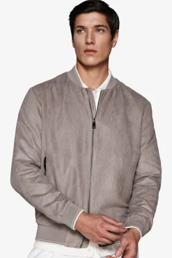 Taupe perforated ecosuede bomber jacket