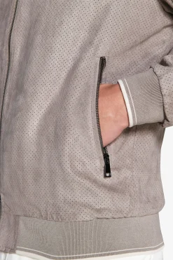 Taupe perforated ecosuede bomber jacket