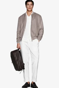 Taupe perforated ecosuede bomber jacket
