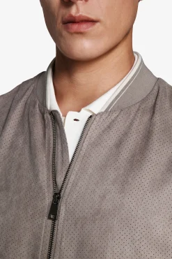 Taupe perforated ecosuede bomber jacket
