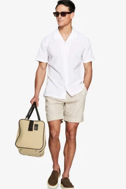 Taupe striped linen blend bermuda shorts