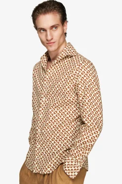 Tobacco linen blend circles print shirt