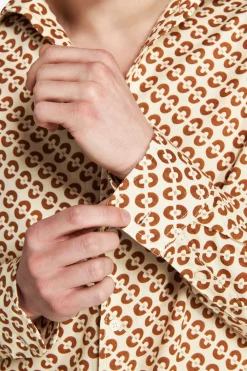 Tobacco linen blend circles print shirt